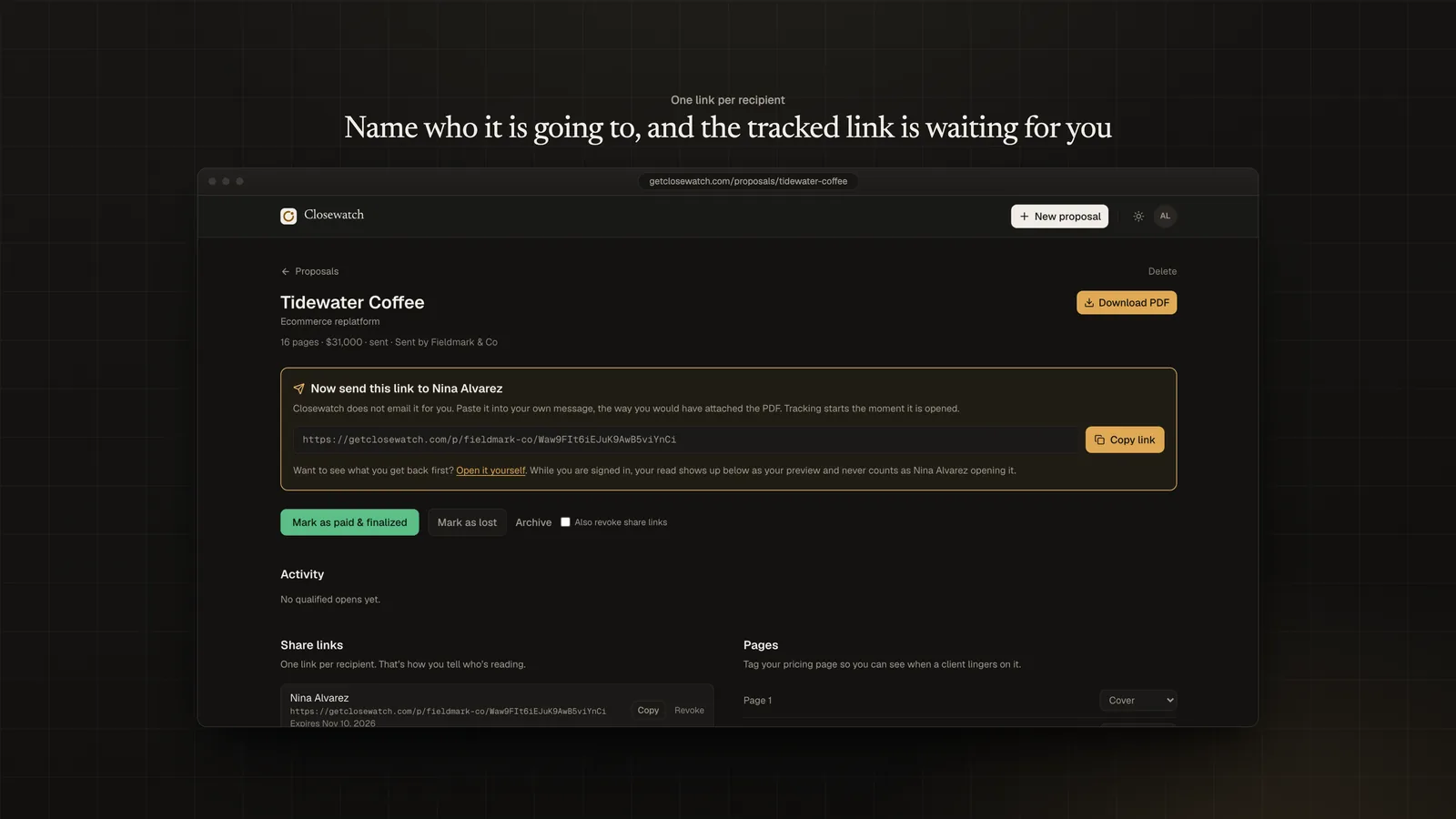 Closewatch showing a tracked link ready to paste into your own email, named for the person it is going to