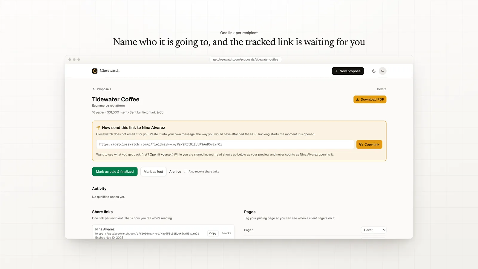 Closewatch showing a tracked link ready to paste into your own email, named for the person it is going to